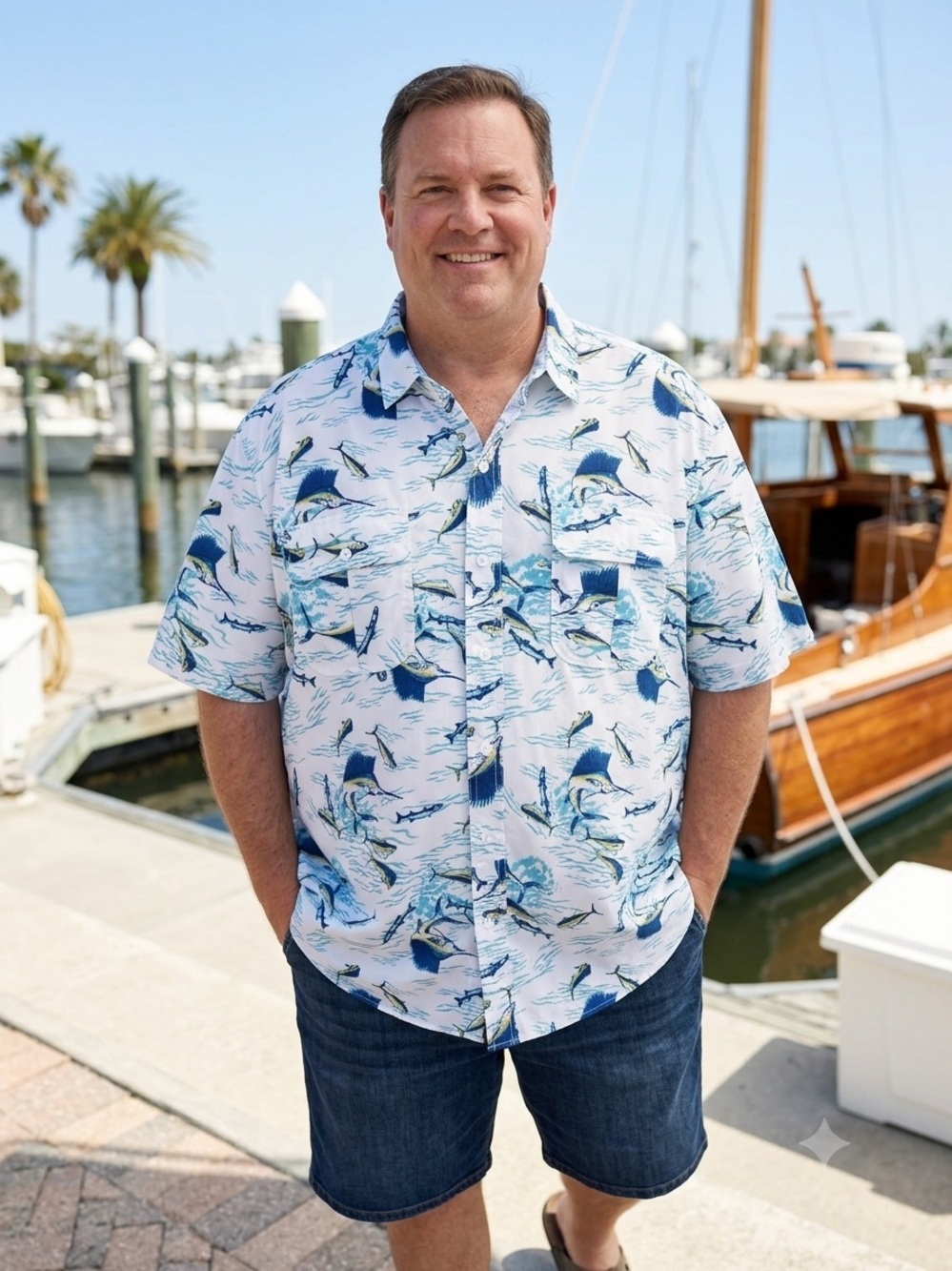 Izod White Short-Sleeve Button-Down Shirt with Blue Marlin Print